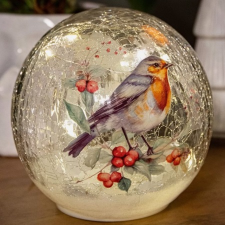 15cm Lit Crackle Effect Ball Robin On Branch